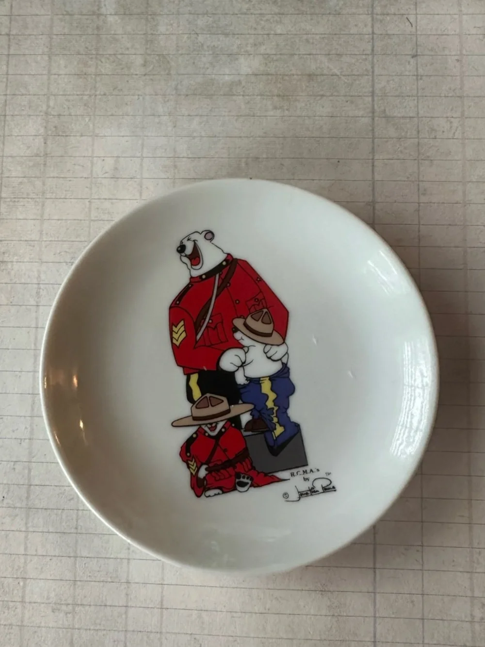 Mountie Bears Ceramic Trinket Dish - White with Red and Blue Artwork